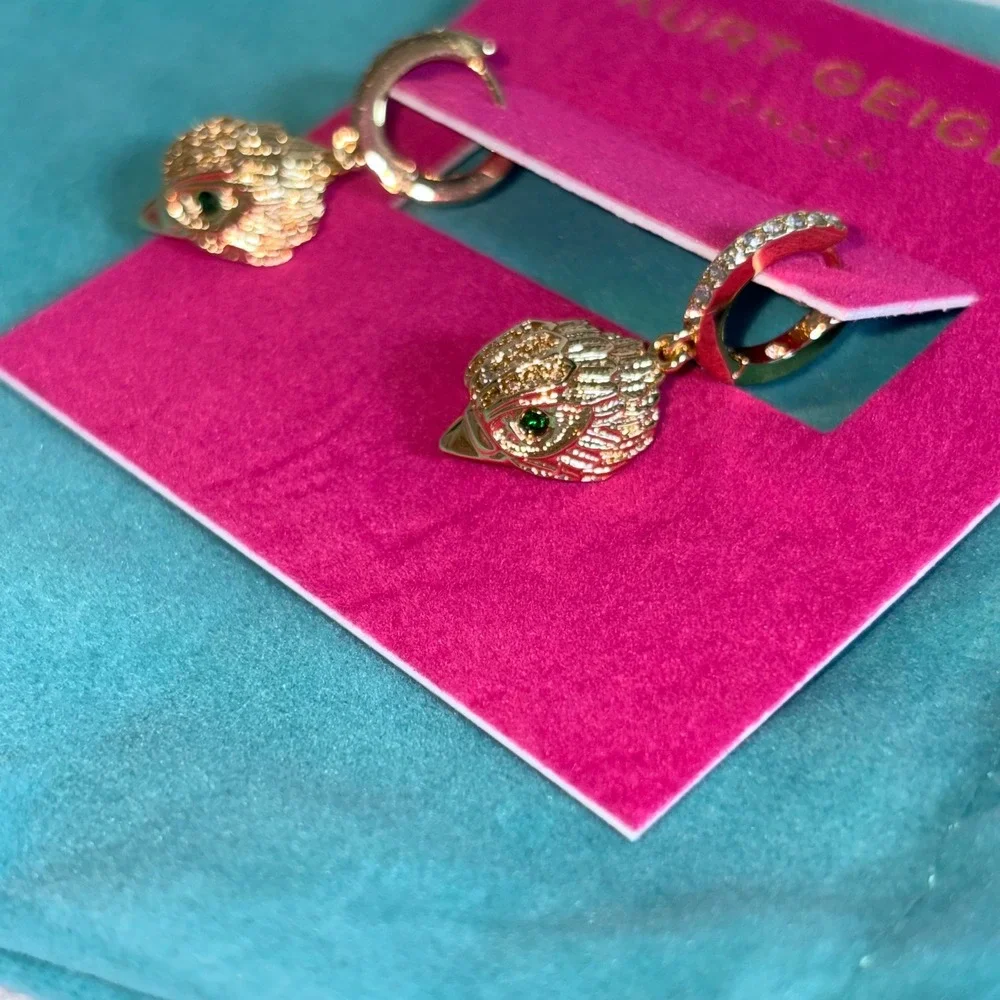 Kurt Geiger Eagle Head Huggie Hoop Earrings OS Gold NEW Crystal Pavé Drop